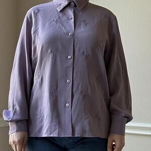 Vintage Alfred Dunner pastel Lavender purple embroidered floral button up